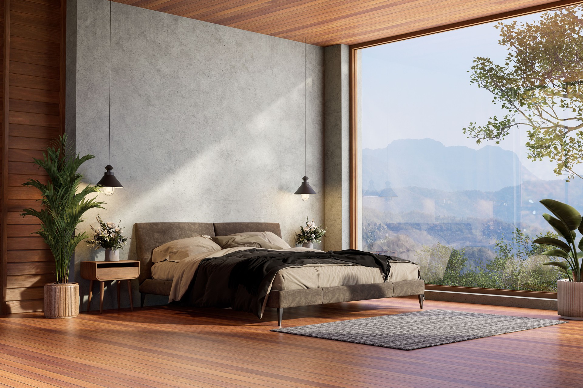 Modern loft style bedroom with mountain view background 3D render