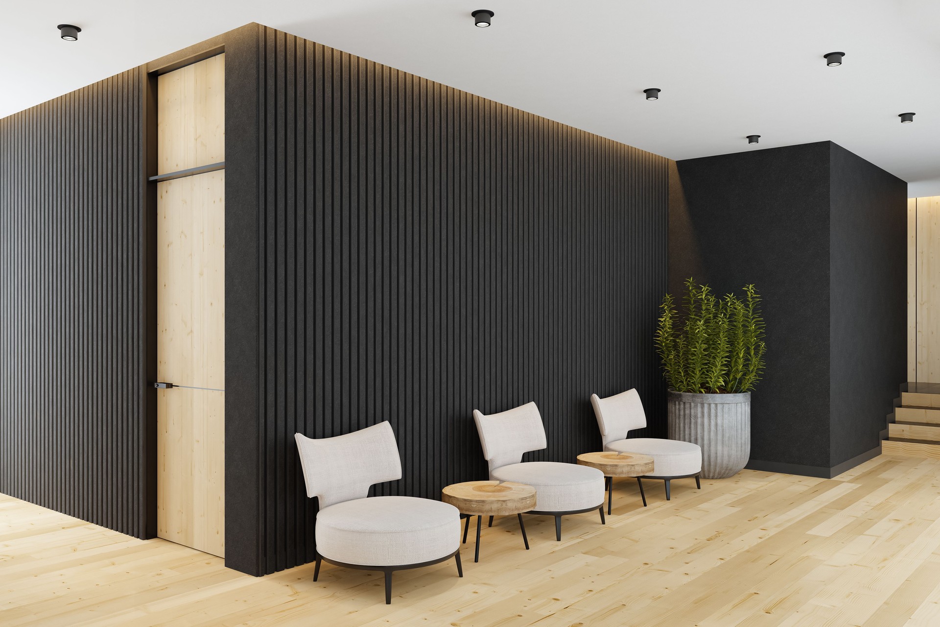 Modern Scandinavian Entrance Hall with Dark Stone Walls and Matte Pine Laminate Parquet Flooring