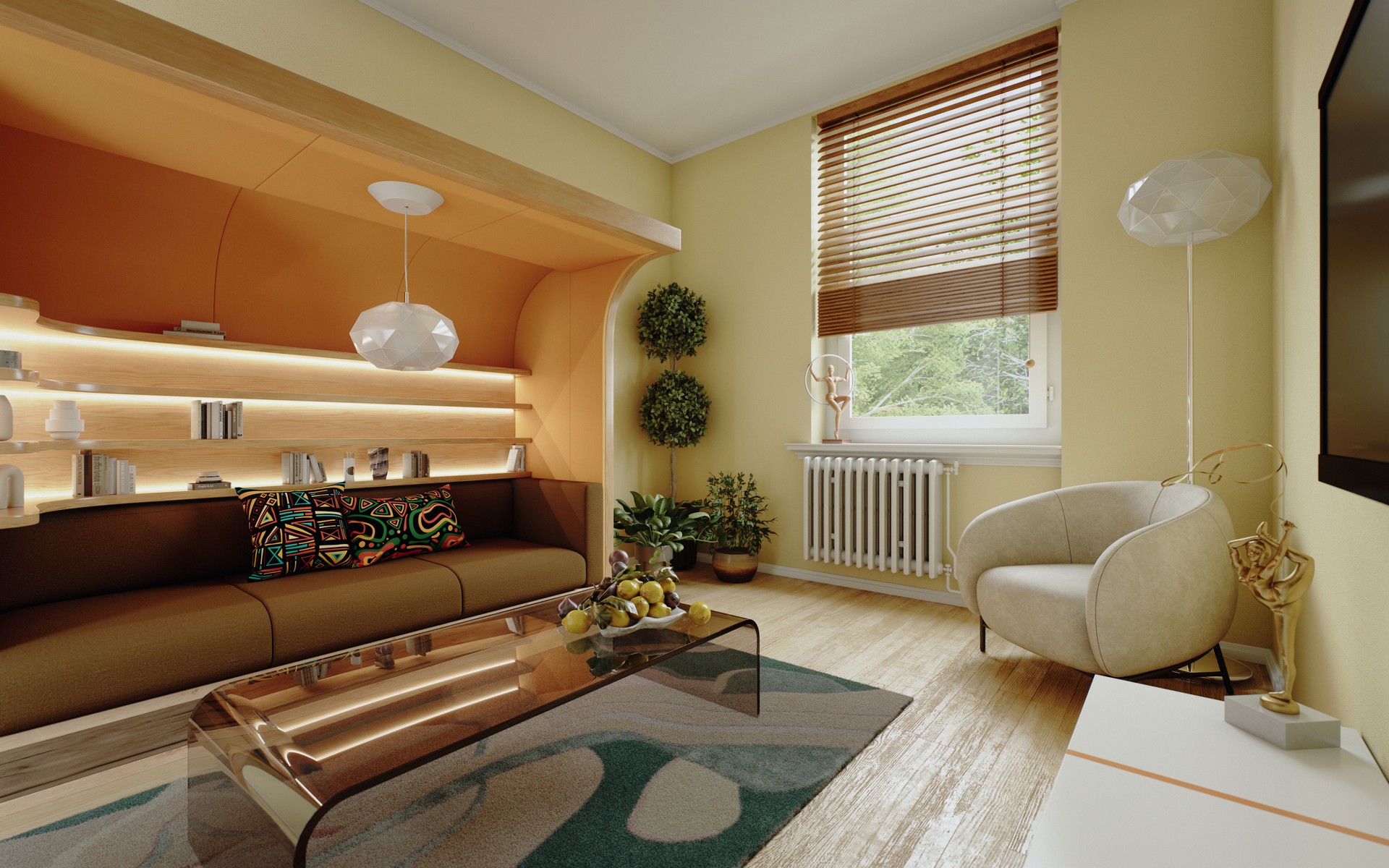 Retro Living Room with Vibrant Décor and Comfortable Seating